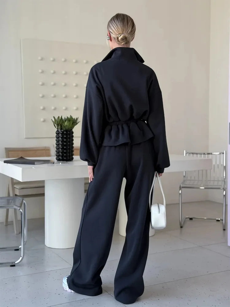 Matching Set Fashion Black Track Suit Jacket Two Piece Suit Women Zip Up Cinch Waist Coat Wide Leg Pants 2026 Autumn Lady Street Matching Set