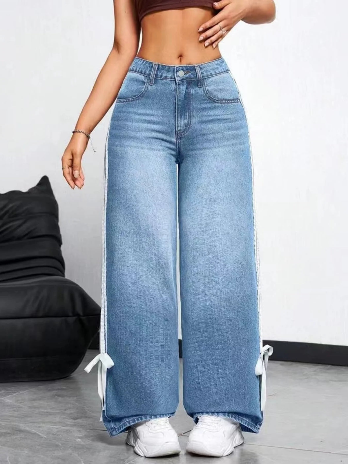 Side Stripe Lace Up High Waist Wide Leg Jeans Medium Blue Washed Slim Versatile Casual Women Jeans