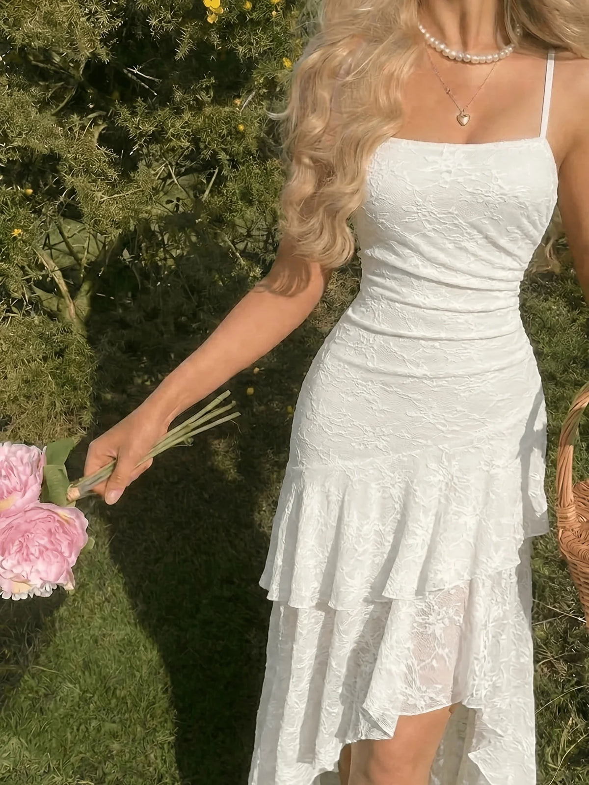 Women Romantic Elegant Jacquard Textured Tiered Ruffle Maxi Slip Dress, Slim Spaghetti Strap Long Dress