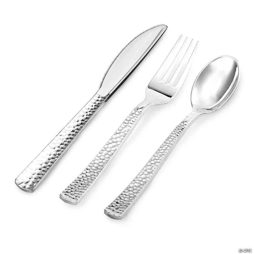 Shiny Metallic Silver Hammered Plastic Cutlery Set - Spoons, Forks and Knives (140 Guests) | USA Decoration®