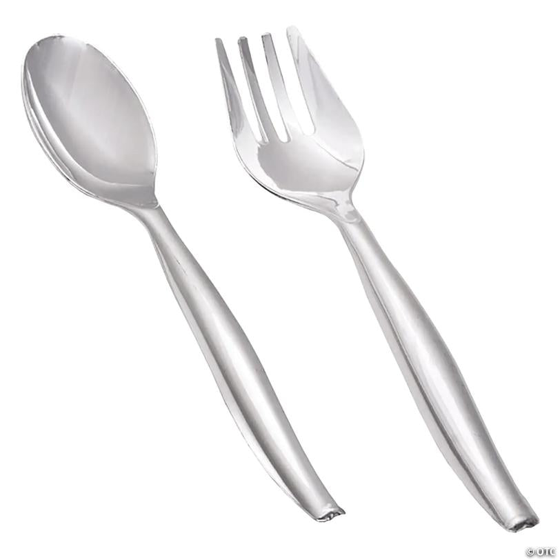 Silver Disposable Plastic Serving Flatware Set - Serving Spoons and Serving Forks (150 Pairs) | USA Decoration®