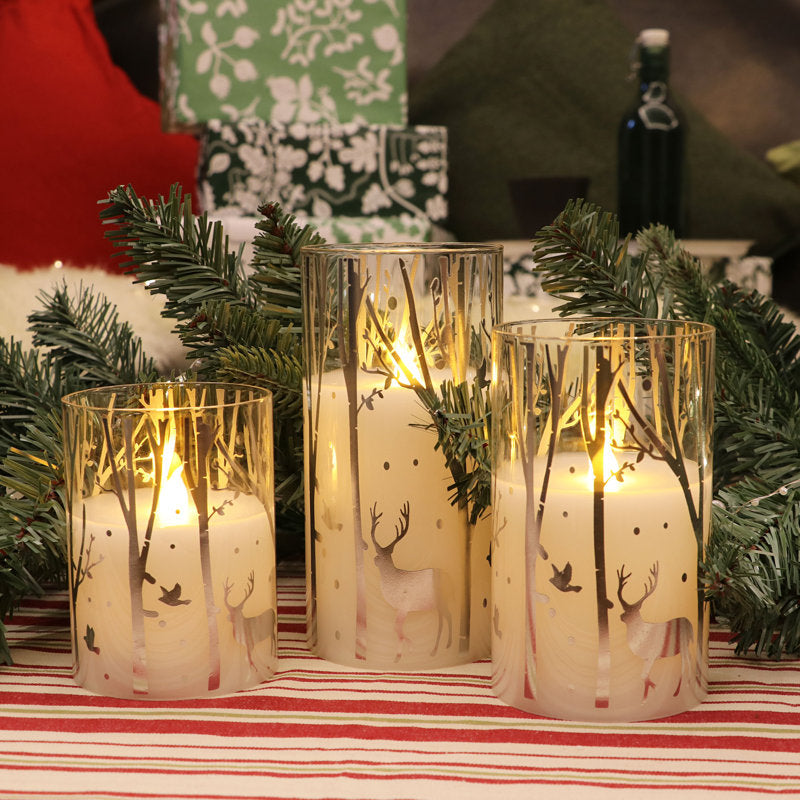 Silver Reindeer Design Glass LED Candles with 6H Timer, Christmas Flameless Candles, Batteries Included - Set of 3