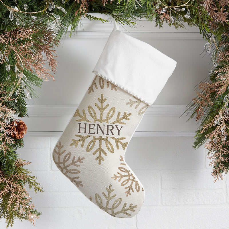 Silver and Gold Snowflakes Personalized Ivory Christmas Stocking