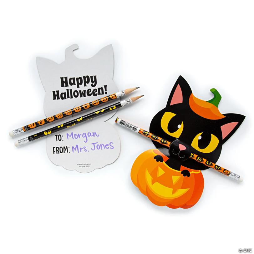 Spooky Eyes & Jack-O’-Lantern Pencils with Black Cat Halloween Card for 24