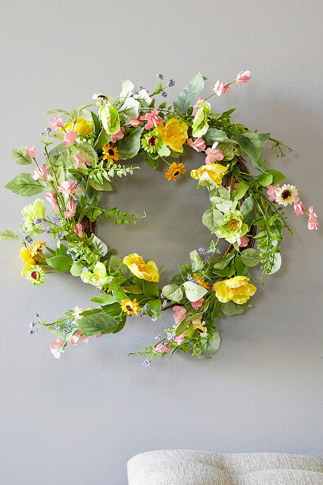 24" Mixed Flower Wreath Lush Spring & Summer Floral Wreath for Front Door or Wall Decor