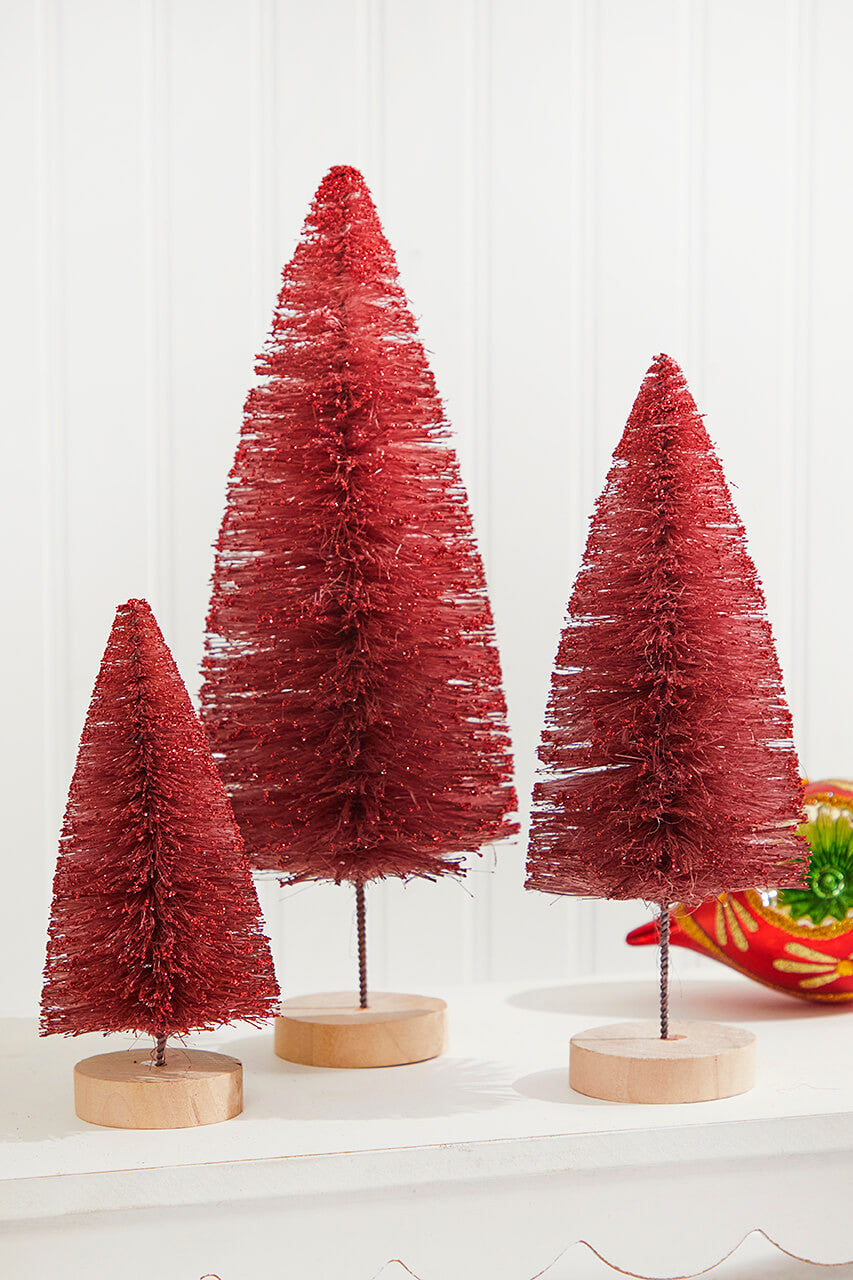 Red Bottle Brush Tree Set of 3 Vibrant Faux Floral Décor for Home or Garden