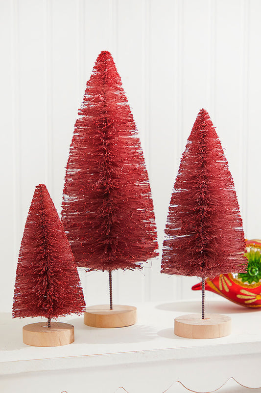 Red Bottle Brush Tree Set of 3 Vibrant Faux Floral Décor for Home or Garden
