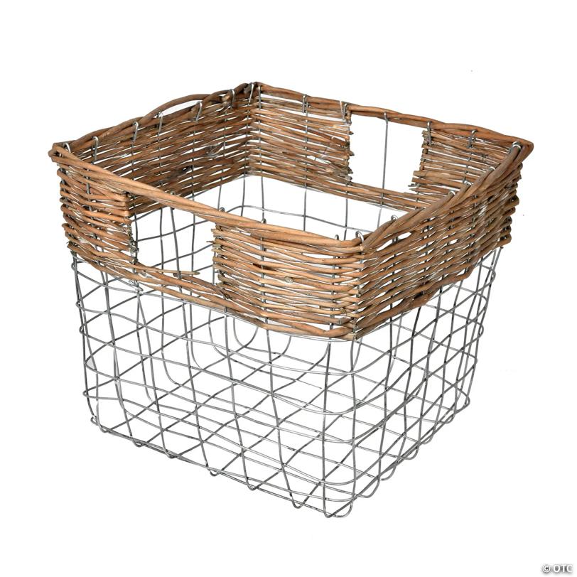 Vickerman 10.5" Square Wire Basket with Woven Bamboo