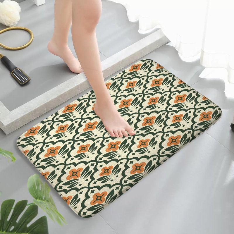 Vintage Boho Floral Bath Mat, Mid Century Modern Abstract Orange Green Bathroom Floor Mat, Absorbent Quick Dry Soft Flannel Bath Mat for Bathroom Kitchen, 16x24 inch