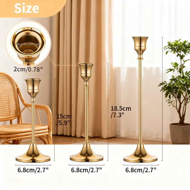 Vintage Modern Brass Taper Candle Holders Set Of 15, Gold Metal Candlestick Centerpieces For Table Mantel Wedding And Home Decor