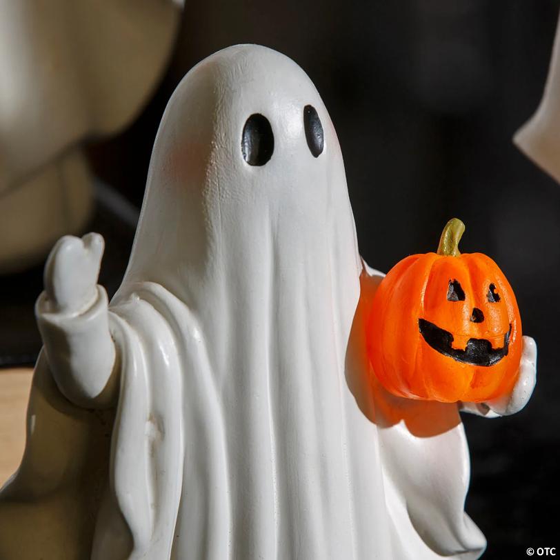 White Ghosts Holding Light-Up Jack-O'-Lanterns Resin Tabletop Decoration - 3 Pc.