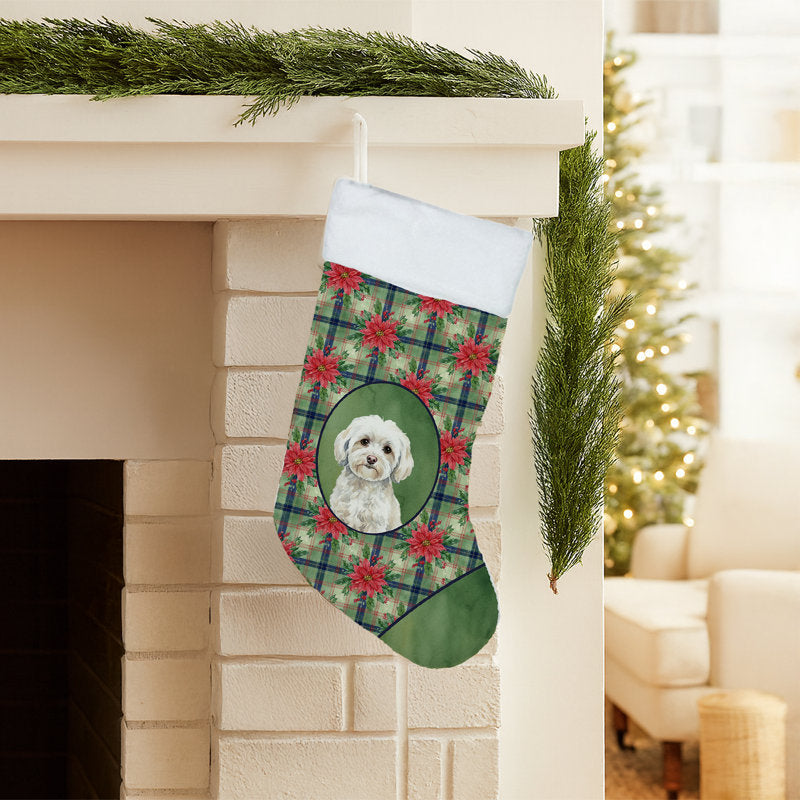 White Havanese Christmas PoinsettIas Holiday Stocking