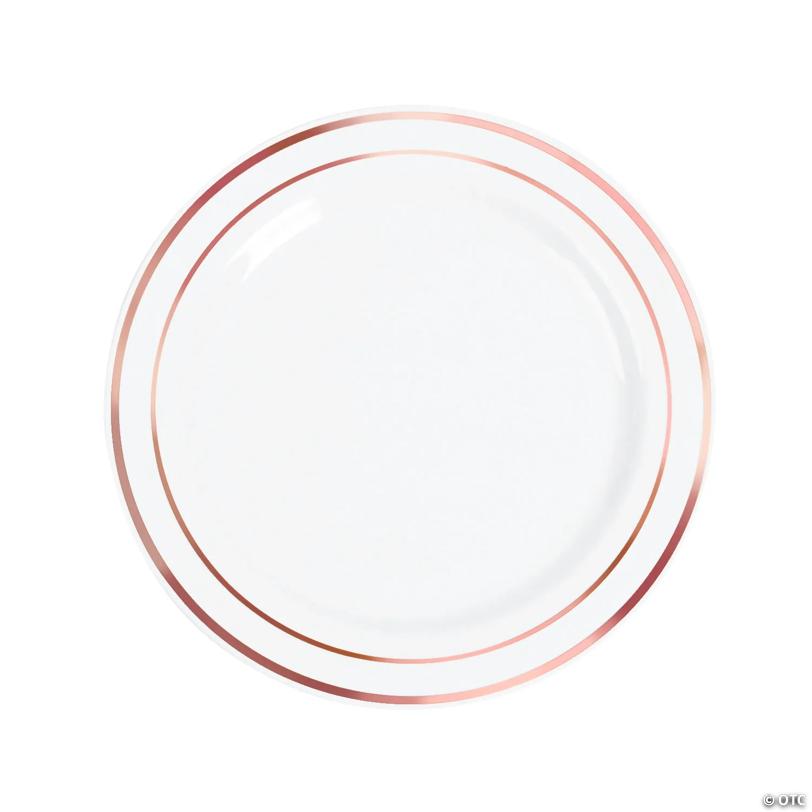 White Plastic Dinner Plates with Rose Gold Trim - 25 Pieces | USA Decoration®