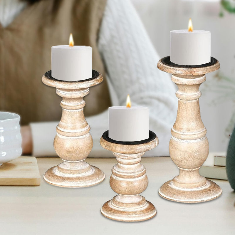 White Wash Wood Pillar Candle Holders, Set of 3
