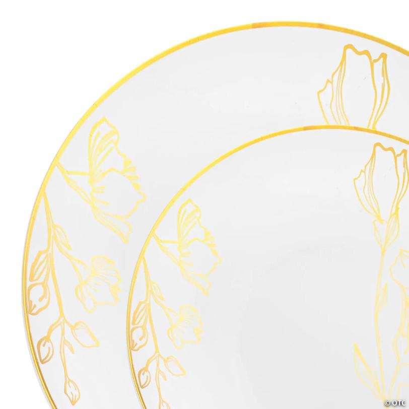White with Gold Antique Floral Round Disposable Plastic Dinnerware Value Set - 20 Dinner Plates + 20 Salad Plates | USA Decoration®