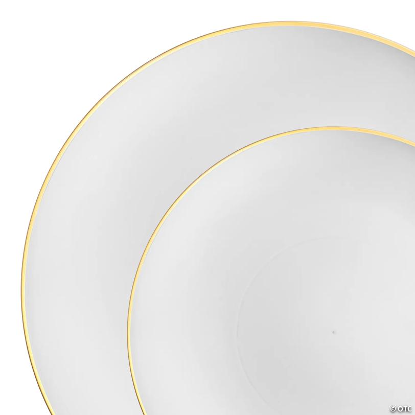 White with Gold Rim Organic Round Disposable Plastic Dinnerware Value Set - 20 Dinner Plates + 20 Salad Plates | USA Decoration®