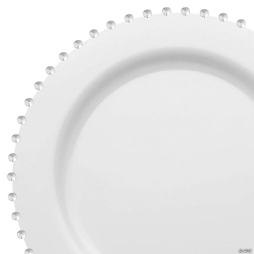 White with Silver Pearl String Round Disposable Plastic Dinner Plates (10") - (60 Plates) | USA Decoration®