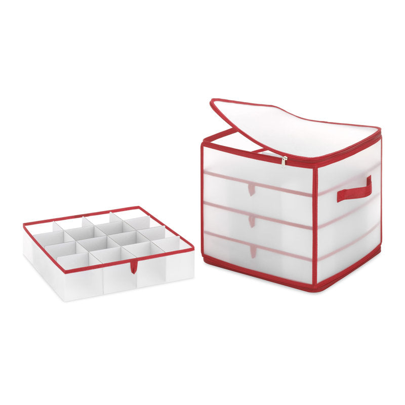 Whitmor Christmas Ornament Cube with 64 Compartments with Removable Trays - Frosty w/Red Trim