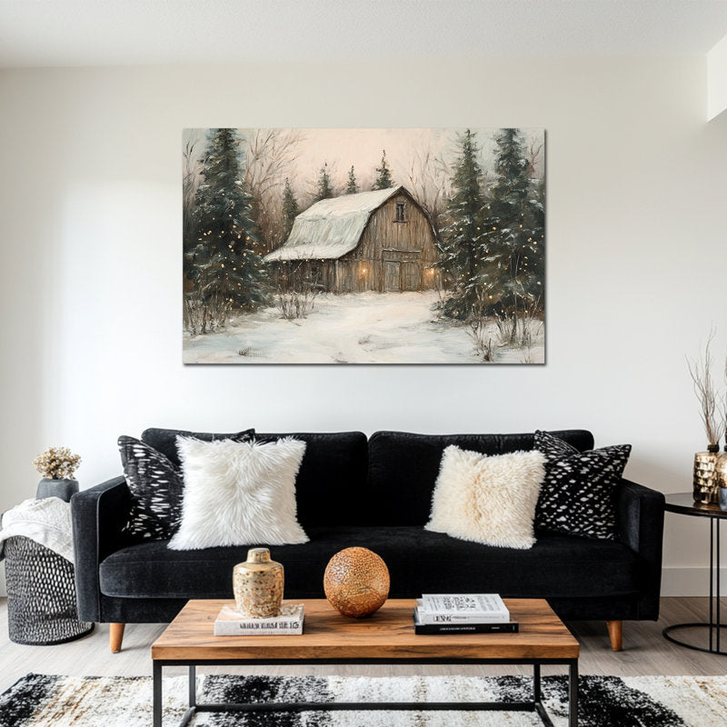 Winter Barn Wall Art - Snow Scene Winter Pictures Wall Decor, Winter Tree Canvas Wall Art for Living Room, Winter Forest Framed Wrapped Canvas Prints, 24×32 inches