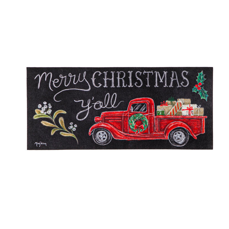Winter Christmas Merry Christmas Y''all Red Truck Sassafras Switch 22 in. x 10 in. Non-Slip Outdoor Door Mat