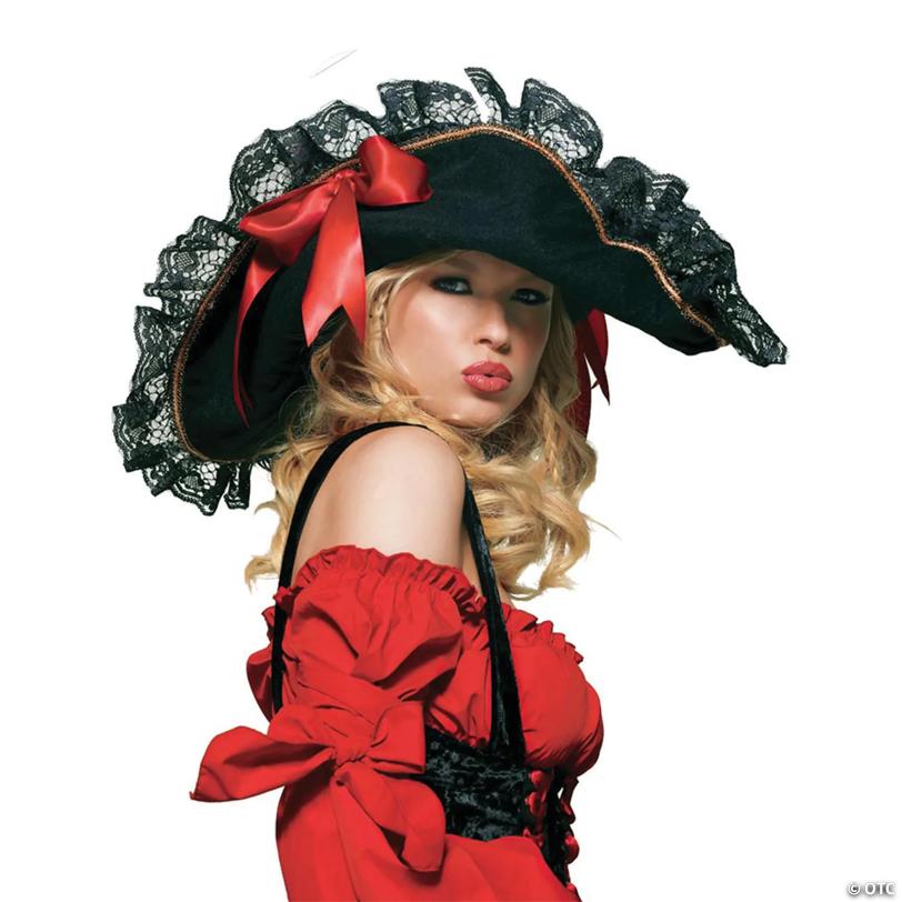 Women's Black Swashbuckler Hat with Lace & Red Ribbon