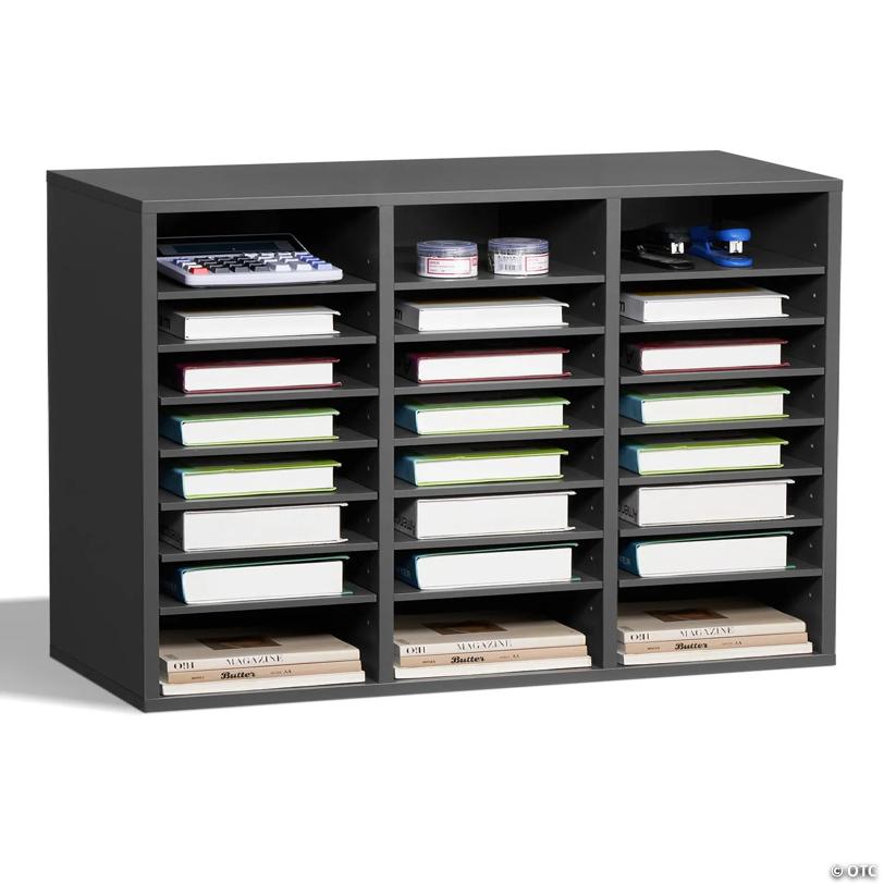 Wooden Literature Organizer 24 Compartments with Adjustable Shelves Grey