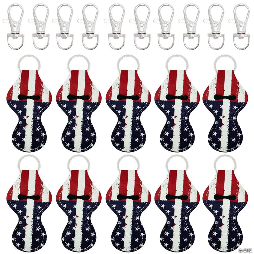 Wrapables Chapstick Holder Keychain for Lip Balm Lip Gloss Lipstick Patriotic Flag 10 Pack