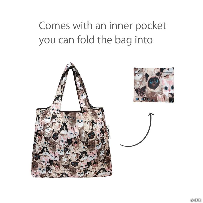 Wrapables Foldable Tote Nylon Reusable Grocery Bag (Set of 2), Cuddly Kitties