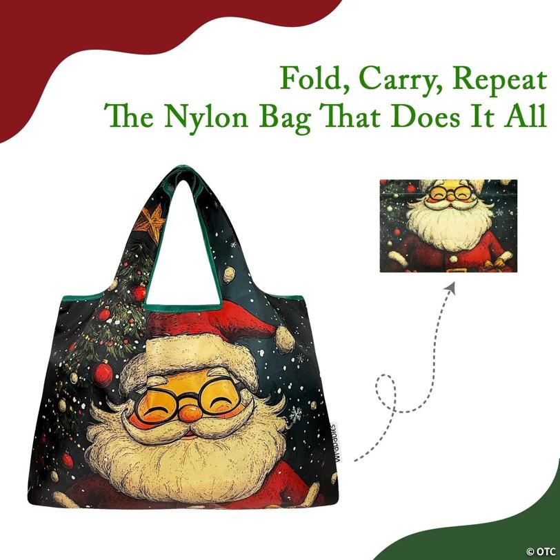Wrapables Large Foldable Christmas Holiday Nylon Reusable Grocery Bag, Santa