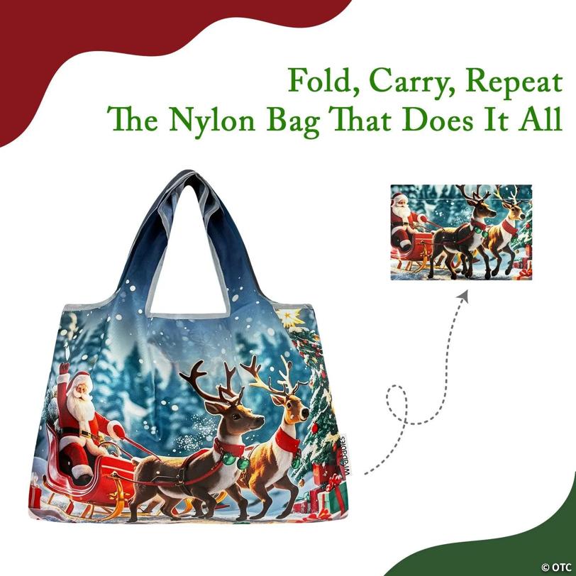 Wrapables Large Foldable Christmas Holiday Nylon Reusable Grocery Bag, Sleigh Ride