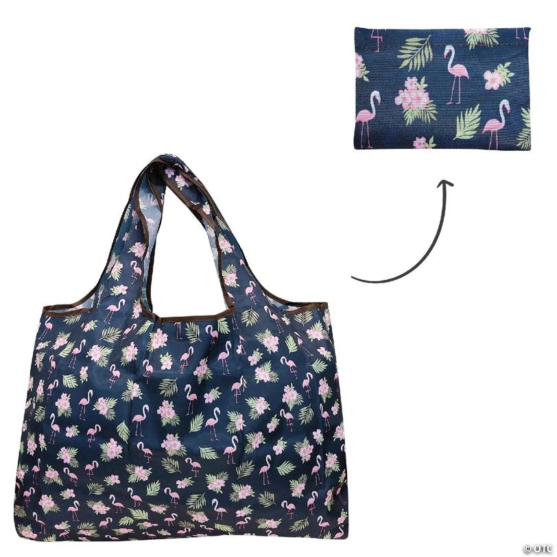 Wrapables Large Foldable Tote Nylon Reusable Grocery Bag, Flamingos