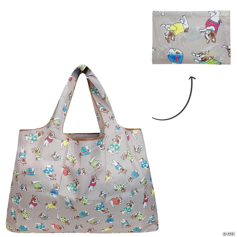 Wrapables Large Foldable Tote Nylon Reusable Grocery Bag, Gray French Bulldogs