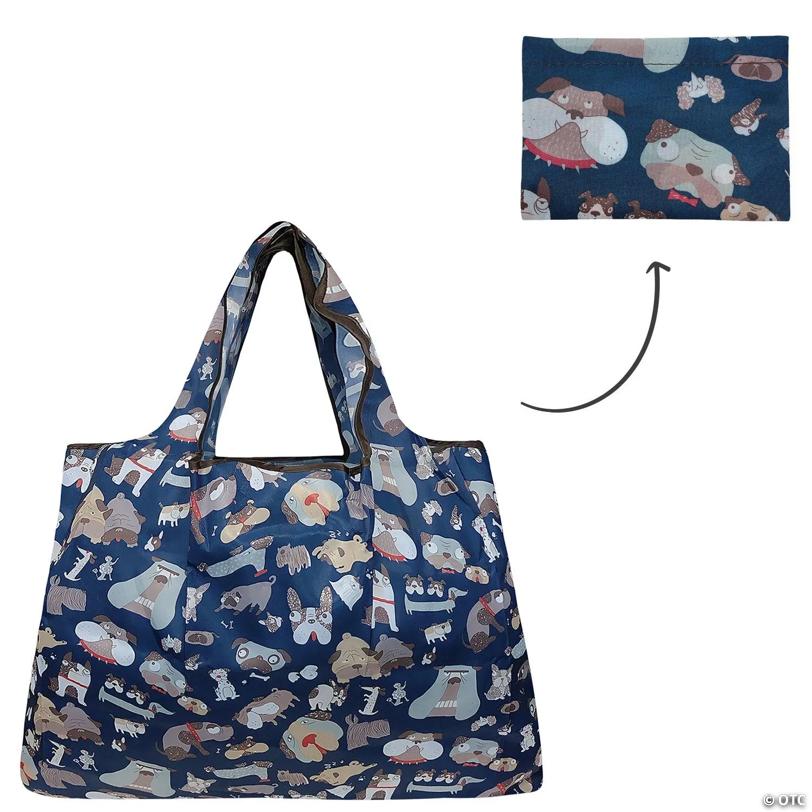 Wrapables Large Foldable Tote Nylon Reusable Grocery Bag, Navy Dogs