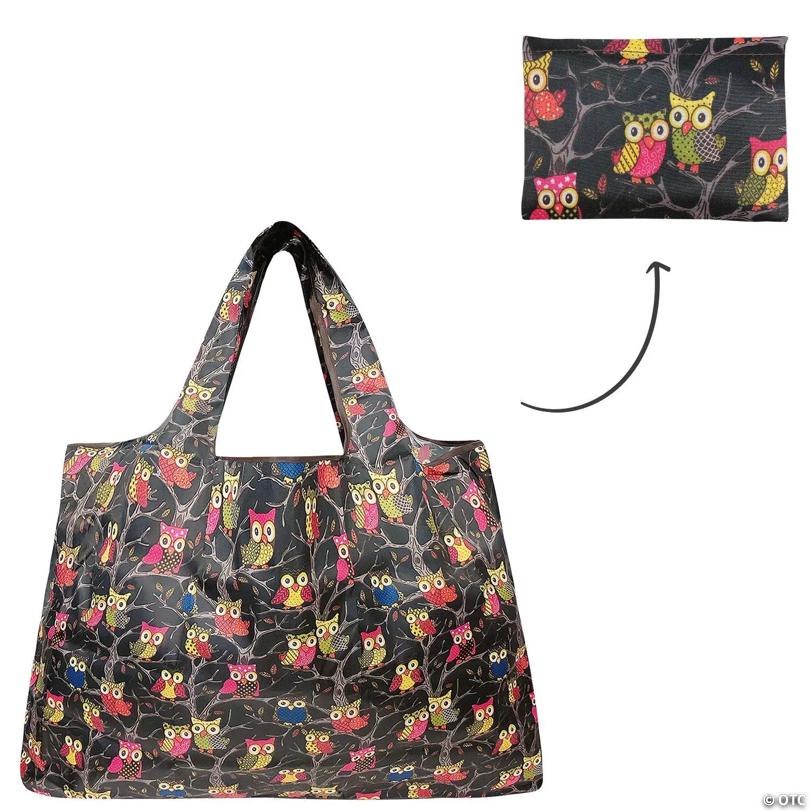 Wrapables Large Foldable Tote Nylon Reusable Grocery Bag, Owls