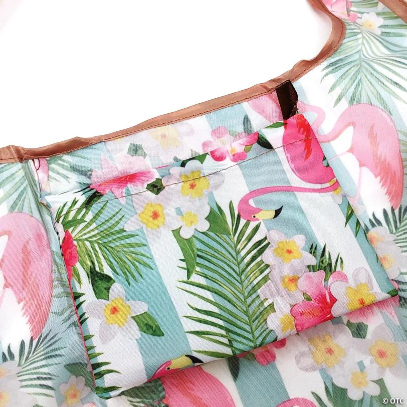 Wrapables Large & Small Foldable Tote Nylon Reusable Grocery Bags, Set of 2, Flamingos & Tropical Flowers
