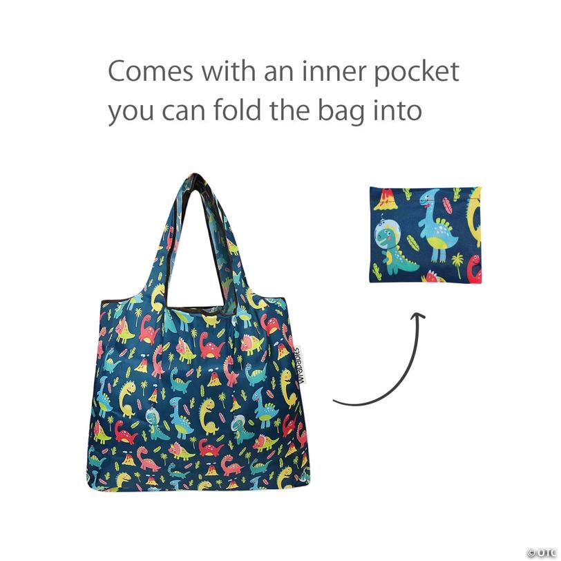 Wrapables Small Foldable Tote Nylon Reusable Grocery Bags, Dinosaurs