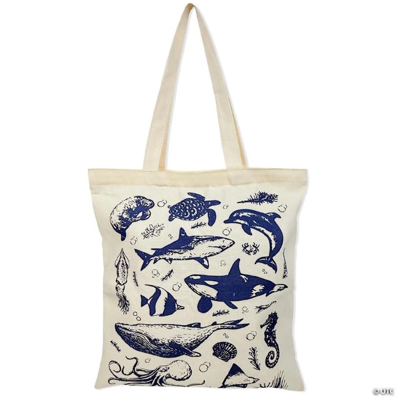 Wrapables Zippered Canvas Tote Bag, Reusable Grocery Shopping Bag, Marine Animals