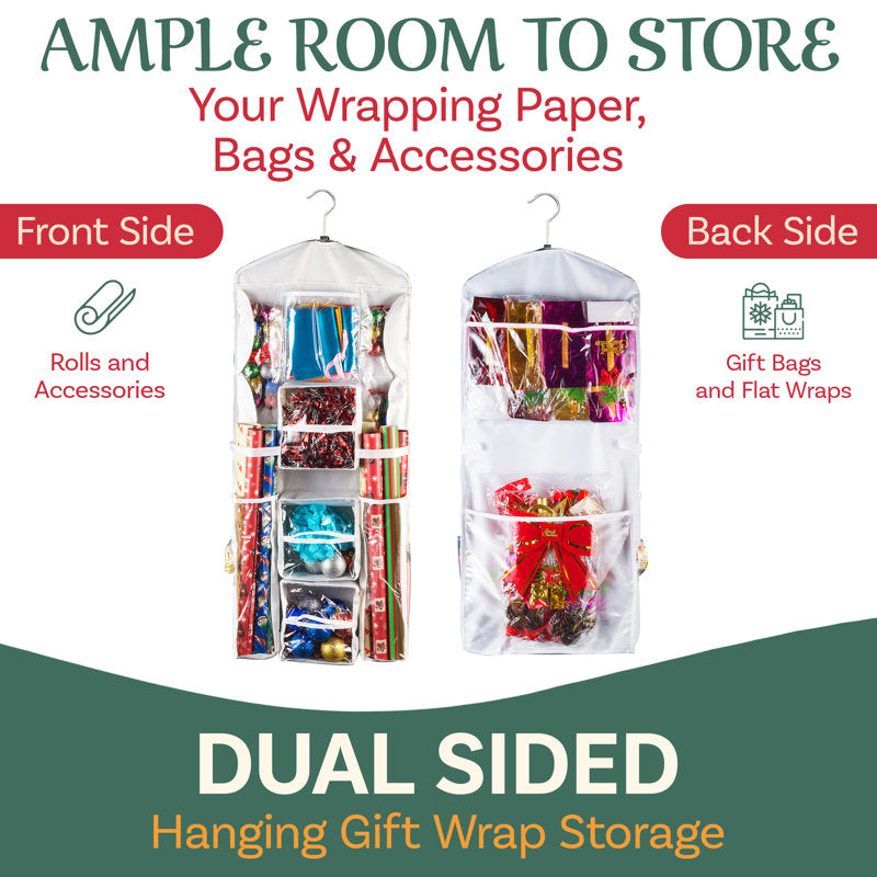 Wrapping Paper Storage Organizer - Dual-Sided Hanging Gift Wrap Station - Clear Compartments for 30-Inch Rolls, Ribbon, Bows, and More