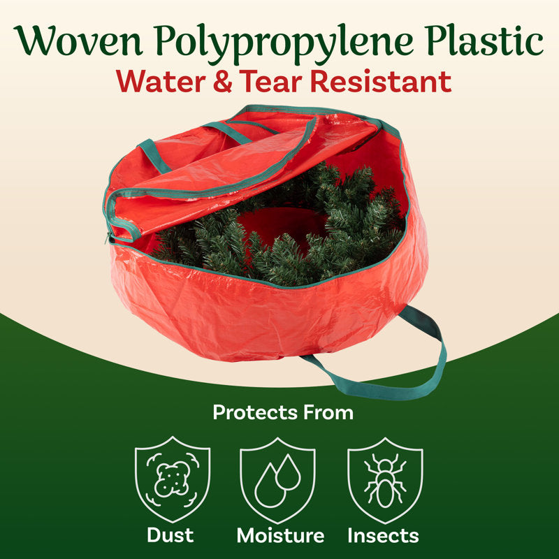 Wreath Storage Bag - 24-inch Organizer for Artificial Christmas Wreaths and Garland - Holiday Themed Tote with Green Handles