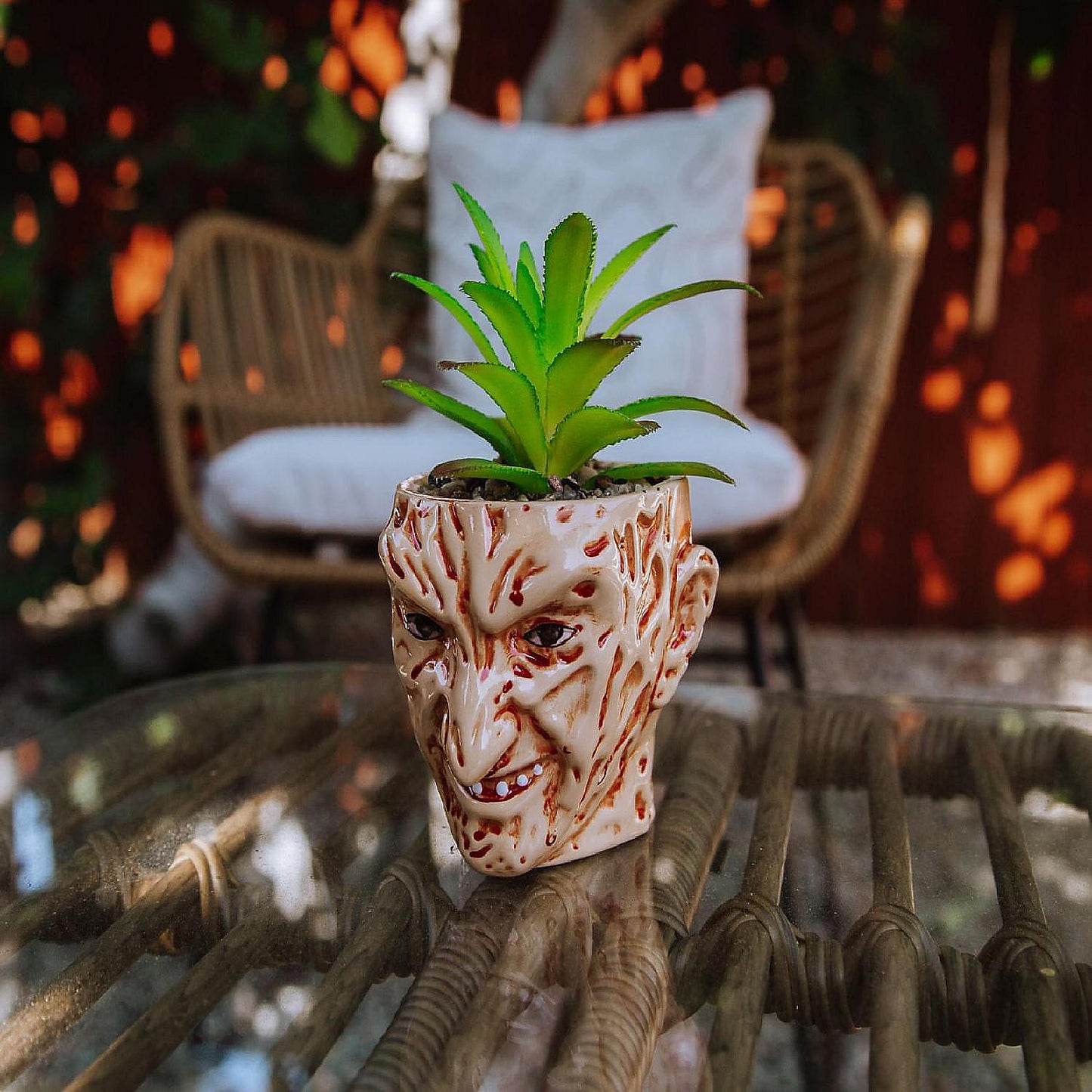 A Nightmare On Elm Street Freddy Krueger Ceramic Planter w/ Artificial Succulent | USA Decoration®