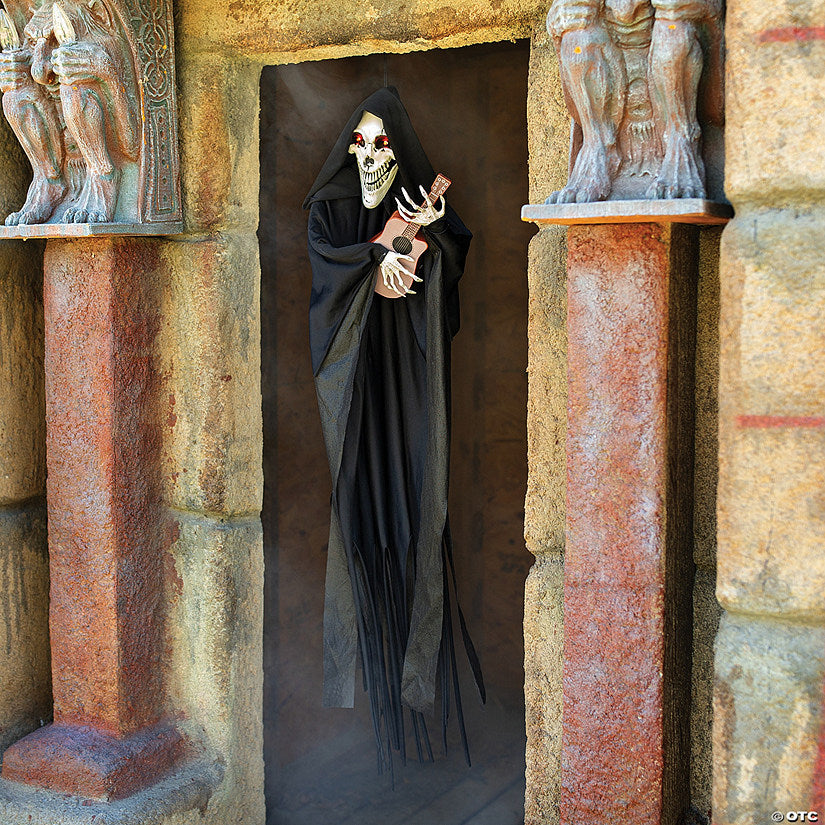 13 3/4" x 47 1/4" Hanging Animated Reaper with Guitar Halloween Decoration | USA Decoration®