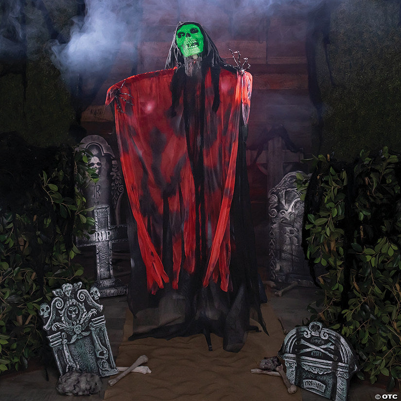 6 Ft. Standing Animated Black Red Skeleton Reaper Halloween Decoration | USA Decoration®