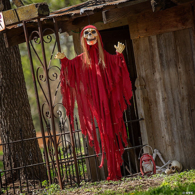 5 Ft. 6 3/4" Hanging Light-Up Skeletal Reaper in Red Robes Halloween Decoration | USA Decoration®