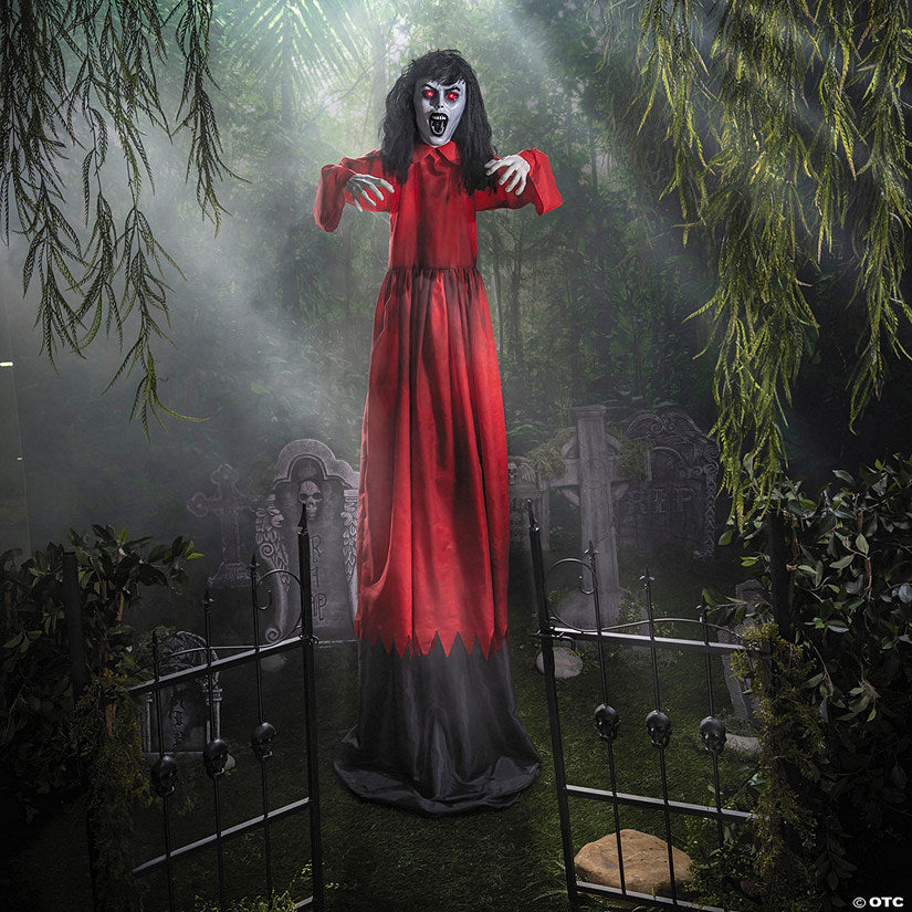 5 Ft. 10 3/4" Animated Standing Up Down Lady in a Red Dress Halloween Decoration | USA Decoration®