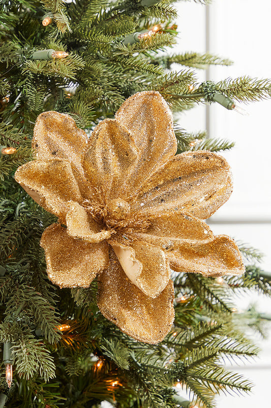 24" x 10" Gold Micro Beaded Sequins Magnolia Stem Elegant Holiday Floral Decoration