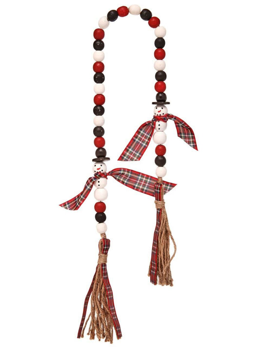 34” Wood Bead Snowman with Plaid Garland Rustic Holiday Decoration