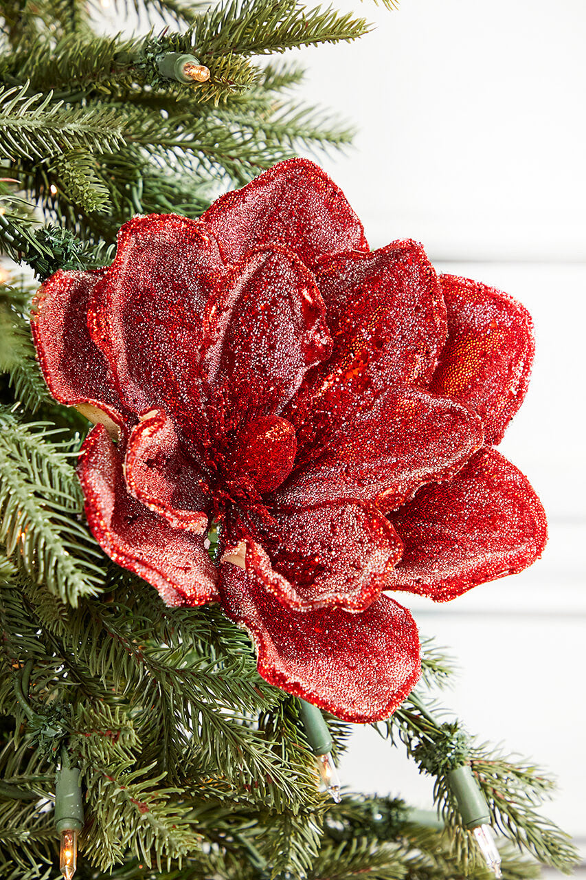 24" x 5" Red Micro Beaded Sequins Magnolia Stem Elegant Christmas Floral Decoration