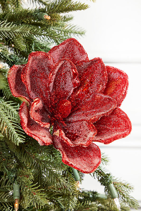 24" x 5" Red Micro Beaded Sequins Magnolia Stem Elegant Christmas Floral Decoration