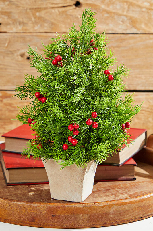 14" Cedar Berry Tree Mini Christmas Tree with Red Berries for Tabletop or Mantel Décor