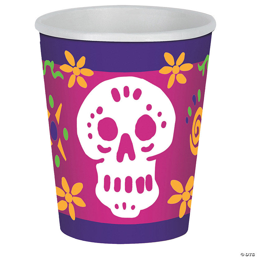 9 oz. Day of the Dead Skull Purple & Pink Disposable Paper Cups - 8 Ct. | USA Decoration®